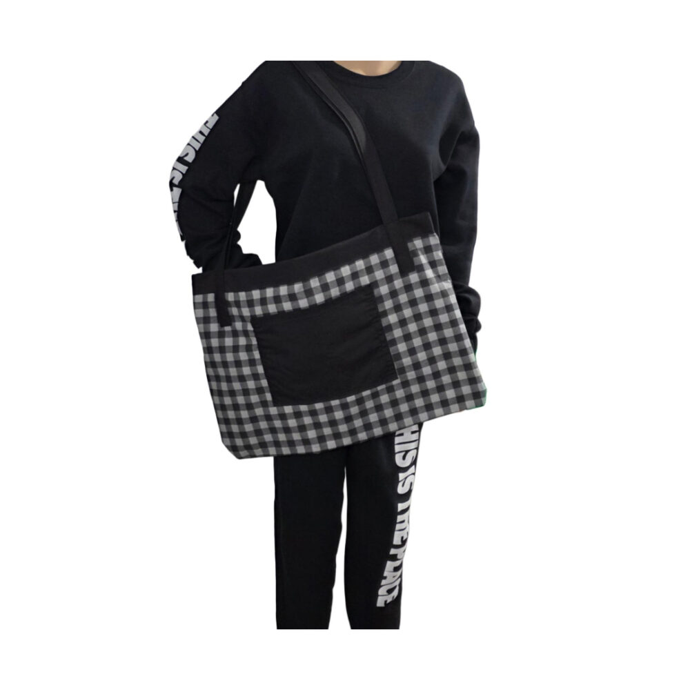 CUSTOM REVERSIBLE TOTE BAG BLACK AND GRAY CHECKERED - Image 3
