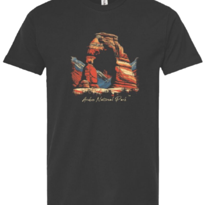 Black soft T-shirt featuring iconic delicate arch in vibrant desert colors