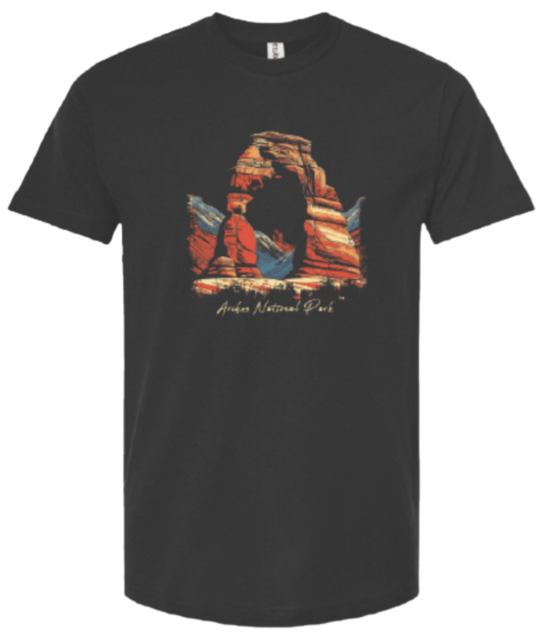 Black soft T-shirt featuring iconic delicate arch in vibrant colors