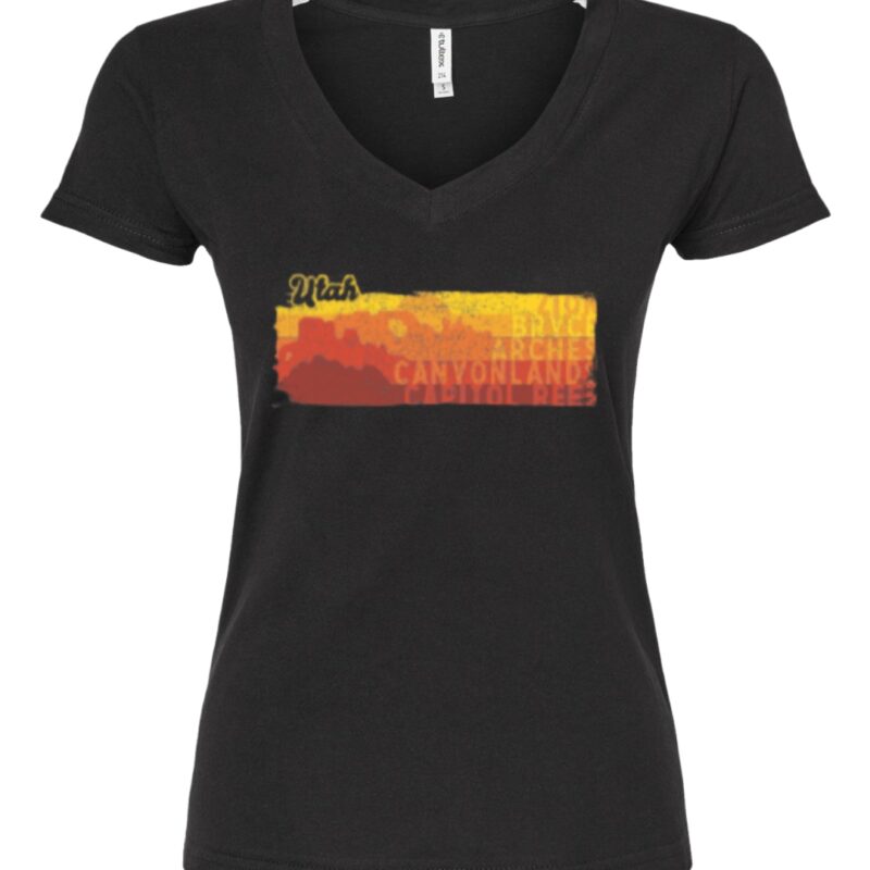a black women's v neck t-shirt with the names of Utah's national parks in sunset colors and red rock formations