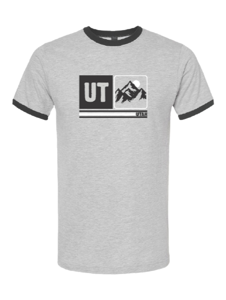 A Utah Ringer Tee with Bold UT and Mountain graphics